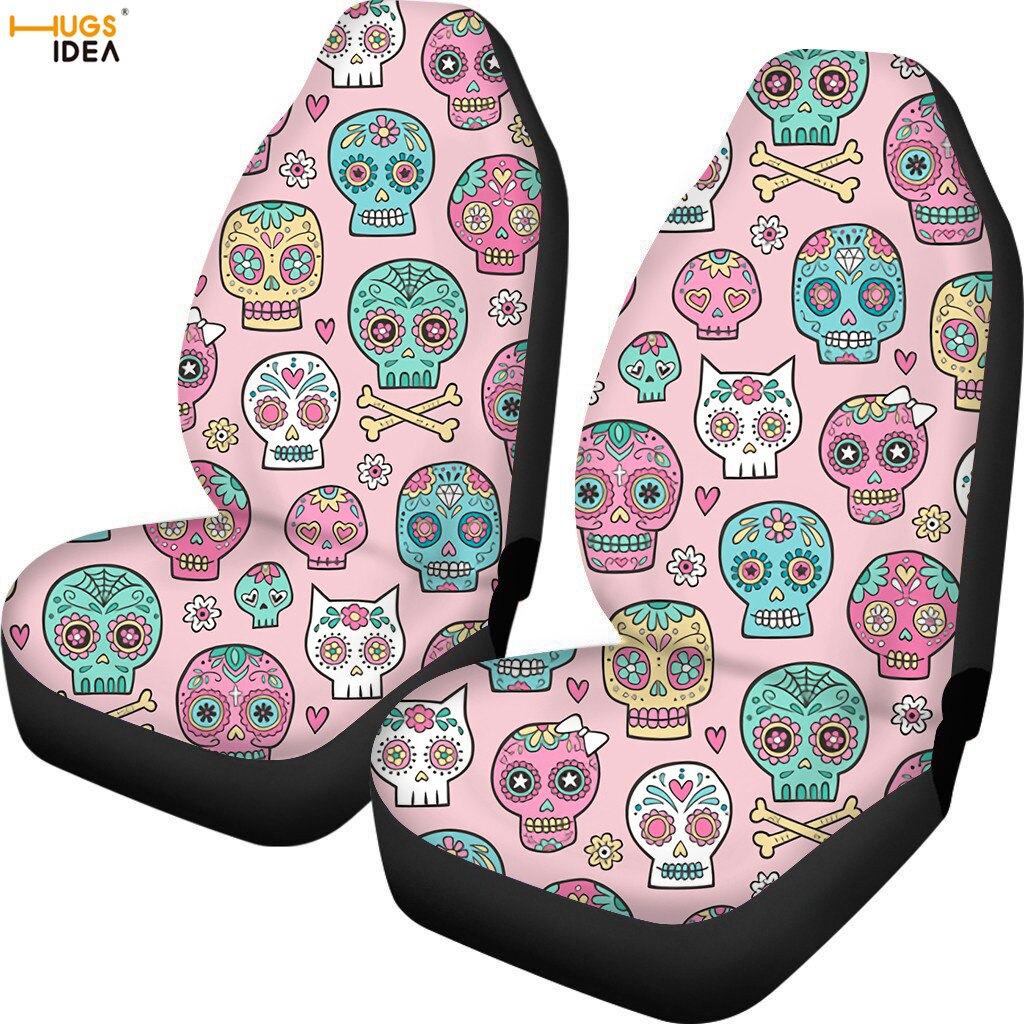 2Pcs Sugar Skull Car Seat Cover SUV Interior Decoration Sheet Cushion Protector Anti Dirty