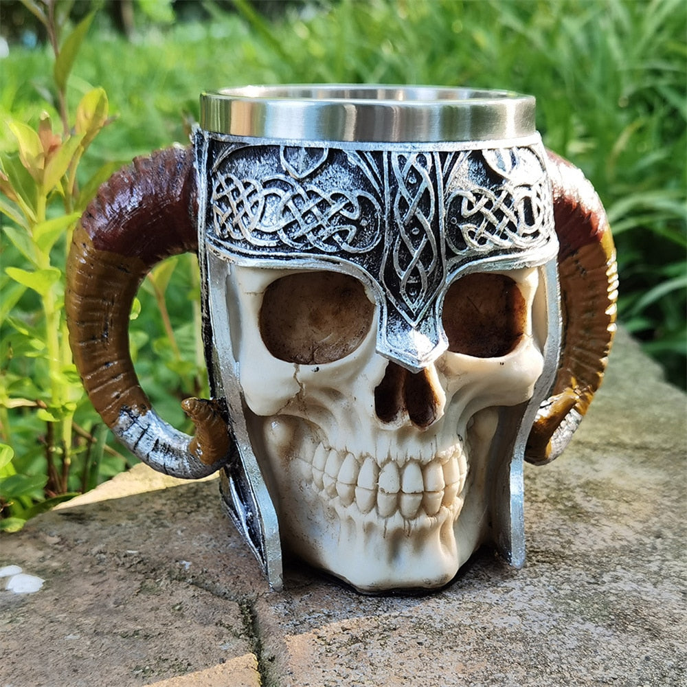 Double Stainless Steel Skull Beer Mug Vikings Pirate Tankard Water Cup