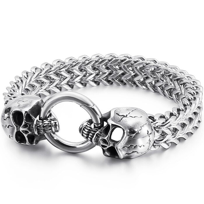 Gothic Double Skull Bracelet For Men 316L Stainless Steel Heavy