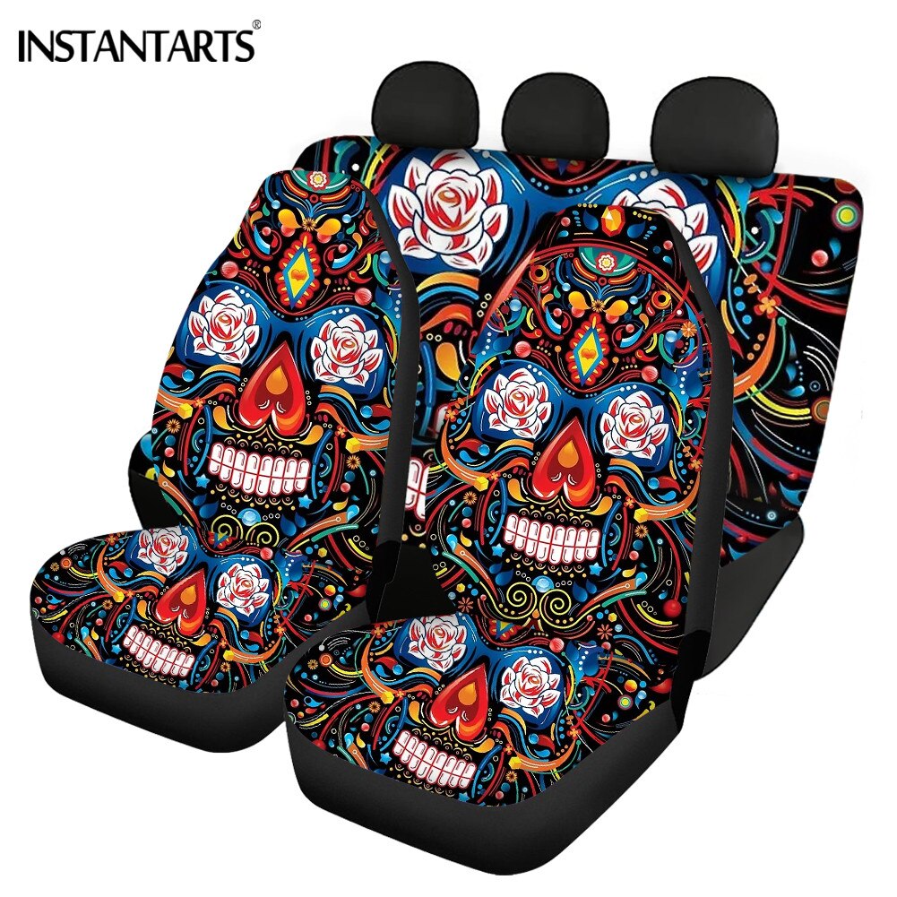 Full Set Car Full Set for Women Stylish Car Seat Cover Sugar Skull Print Washable General Front and Rear Seat Cover