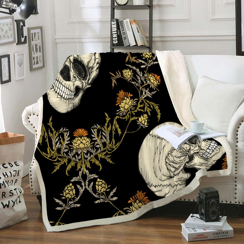 Skull Blanket Floral Skull Throw Blanket Black White Background Sherpa Fleece Blanket