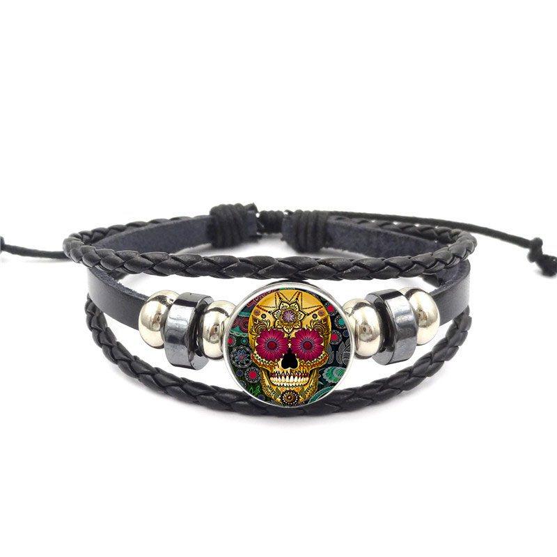 Sugar Skull Fashion Jewelry Cabochon Glass Black Leather Bracelet