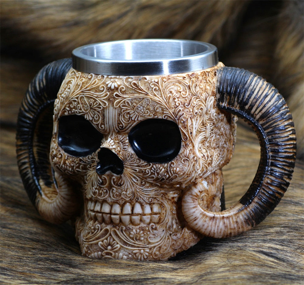 Double Stainless Steel Skull Beer Mug Vikings Pirate Tankard Water Cup