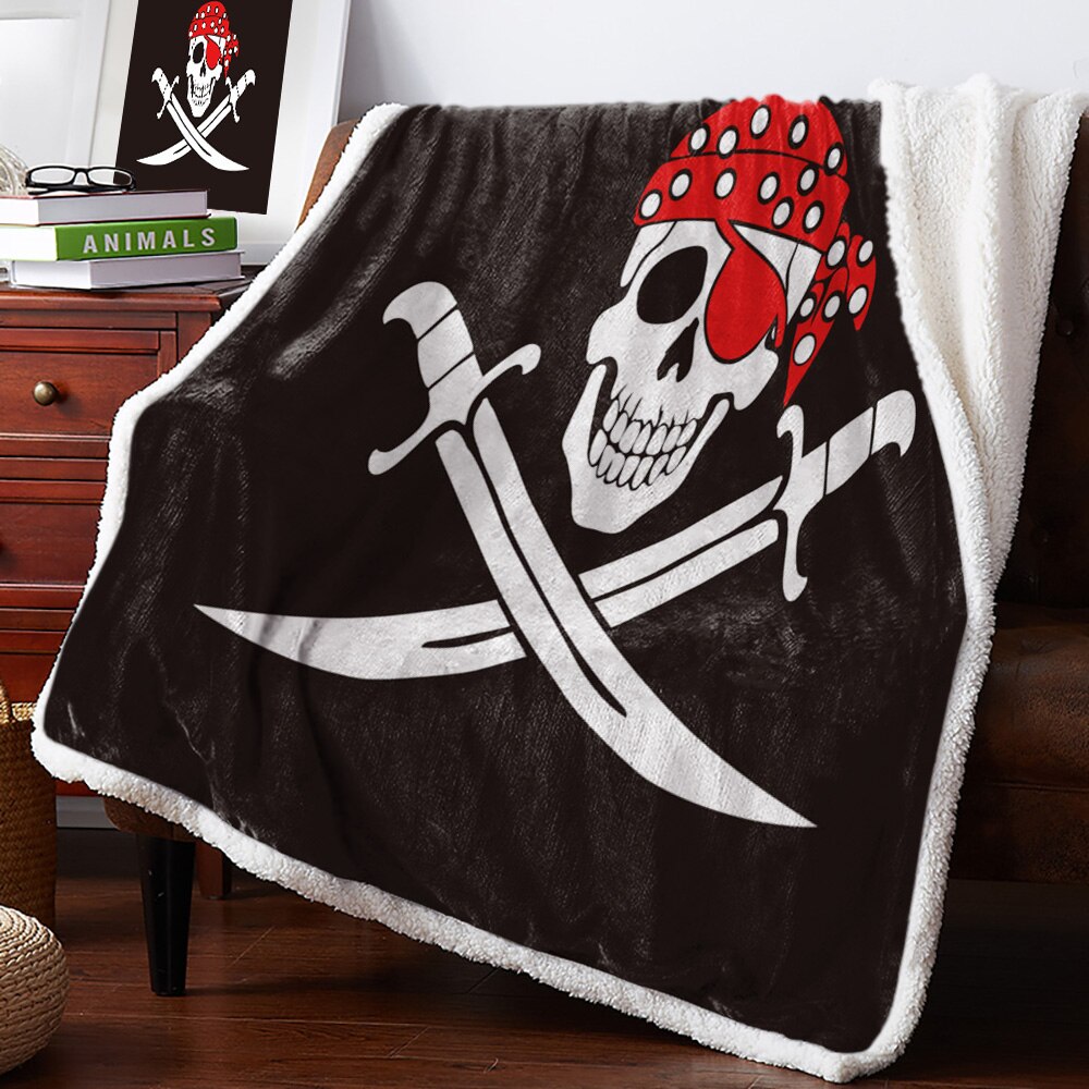 Sword Pirate Skull White Black Blanket Floral Fleece Blanket