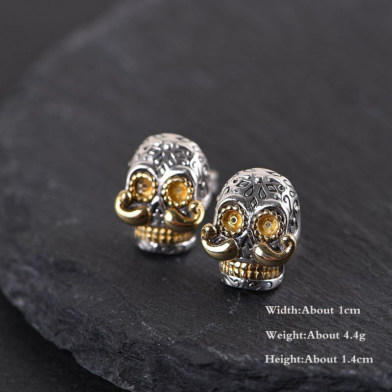 100% Real 925 Sterling Silver Skull & Long Beard Stud Earrings