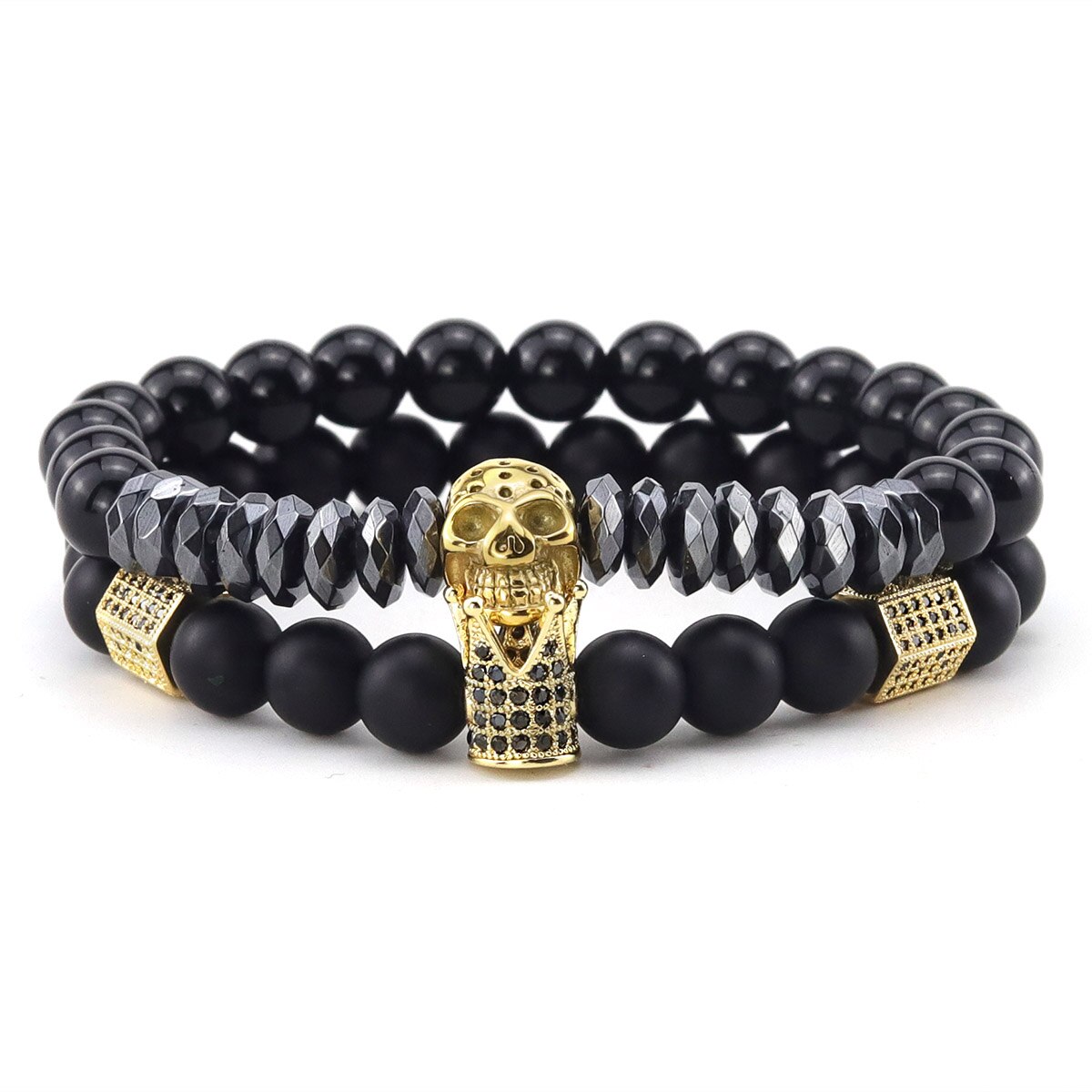 2pcs/Set Natural stone beads Bracelet Luxury CZ Crown Stainless Steel