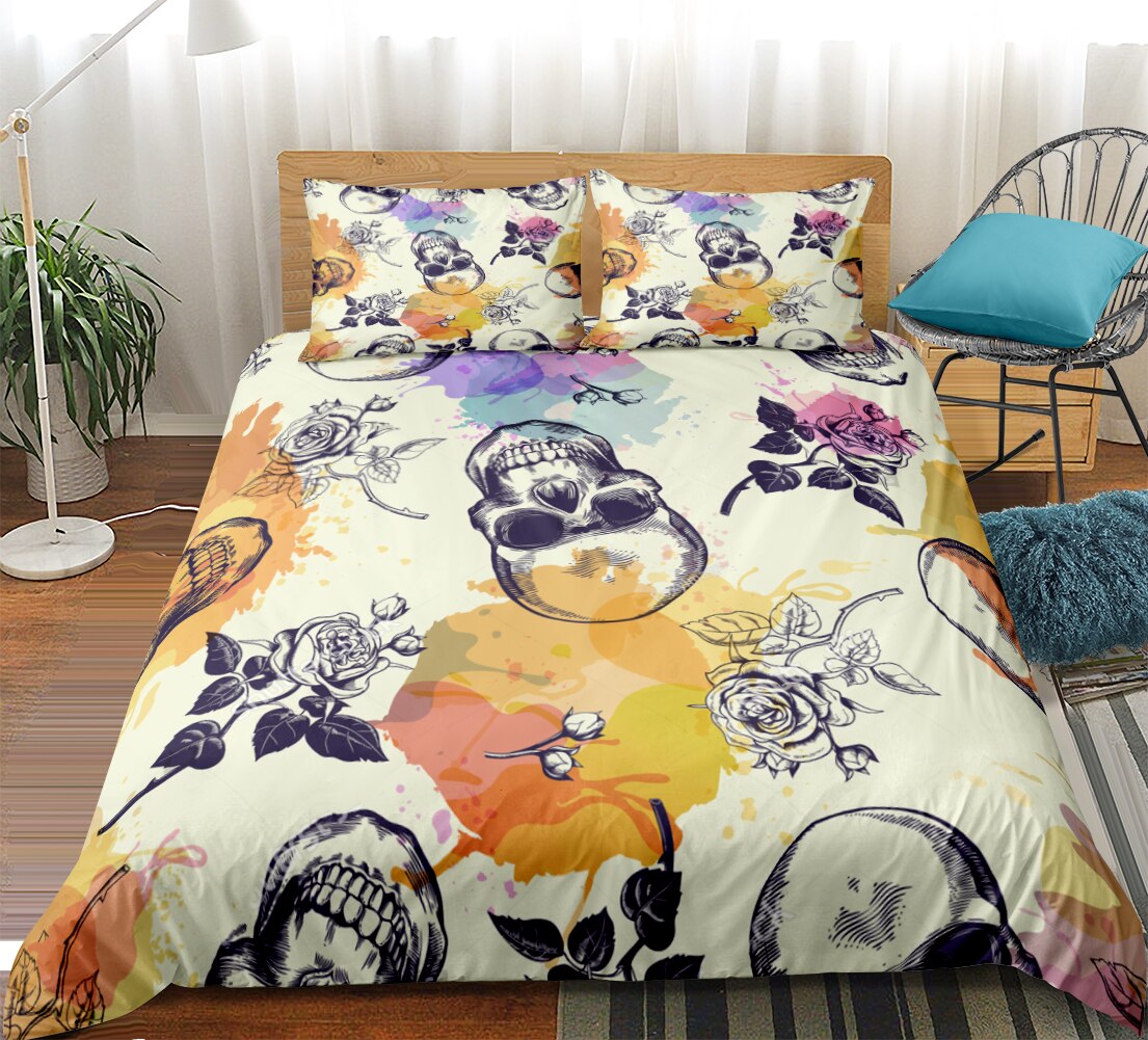 King Size Bedding Sets Sugar Skull Duvet Cover and Pillowcase Flower Rose Skull