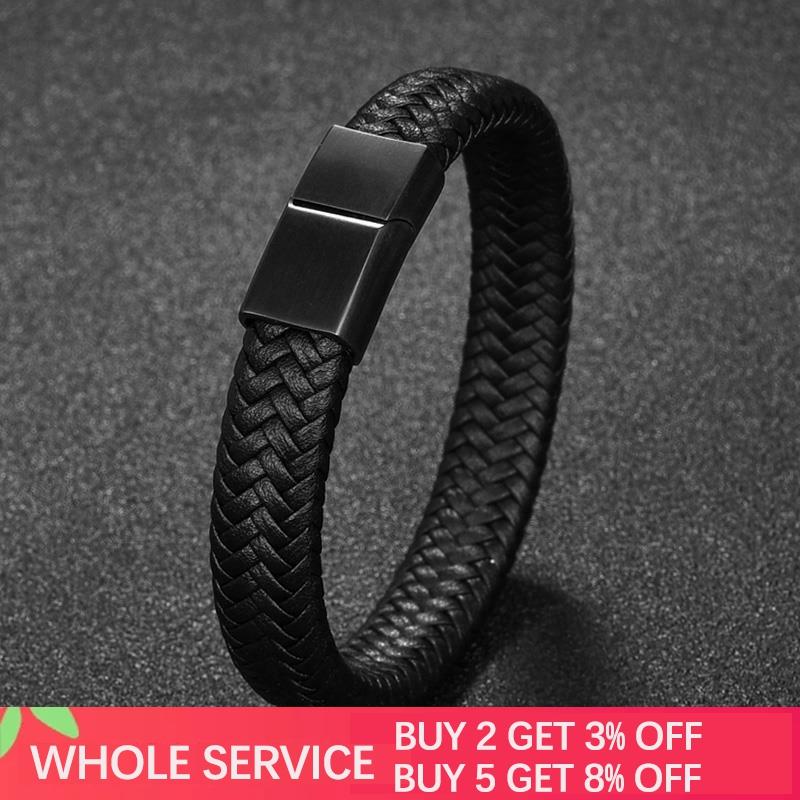 2pcs/set Black Leather Bracelets Men Natural Stone Beaded Stainless Steel