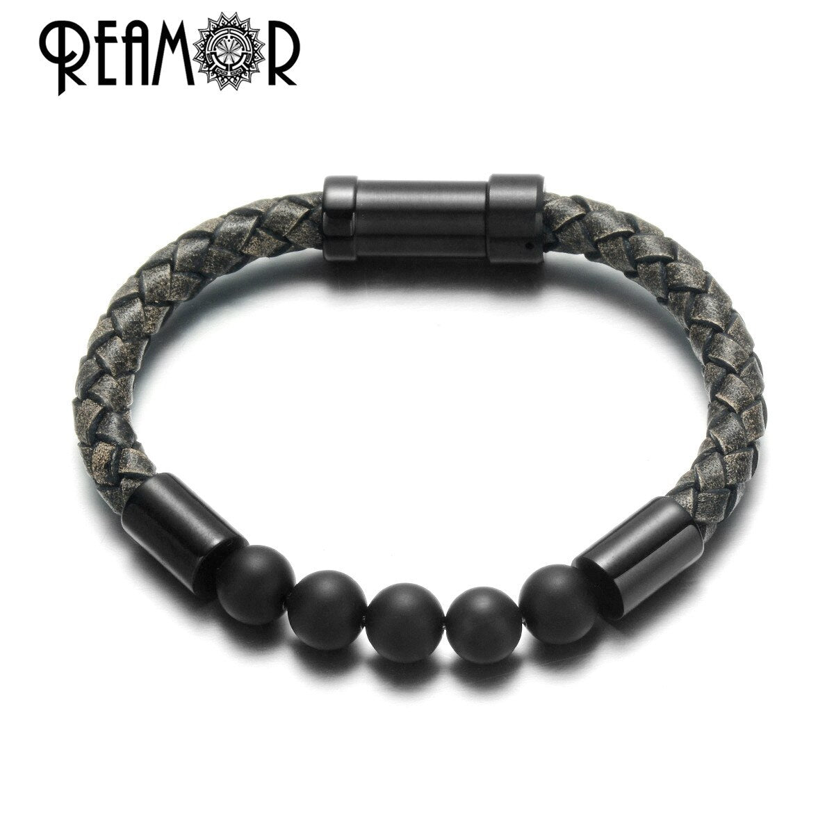 2019 Men Black Braided Leather Bracelets Natural Stone Bracelet