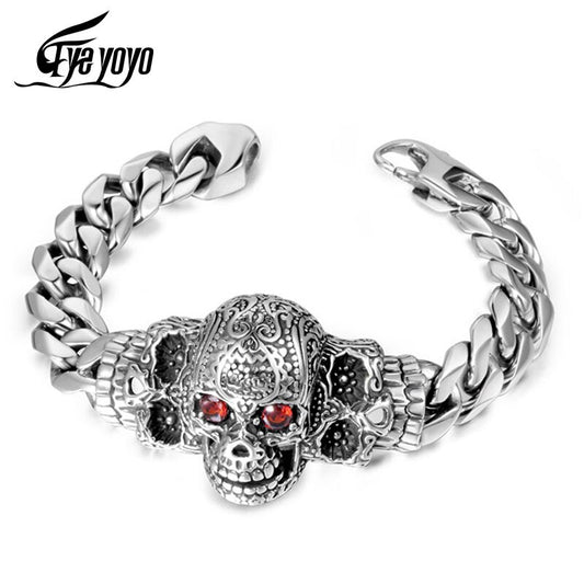 220mm Men's Titanium Steel Big Skull with Red Cubic Zirconia Bracelet