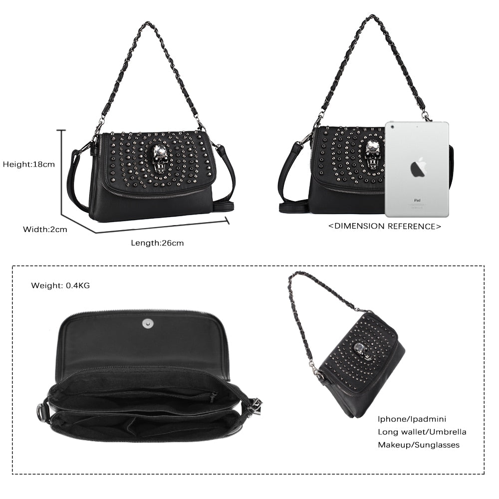 Gothic skull Designer Women Shoulder Bag Black Medium Size Crossbody Bag Punk Stud Skull Handbag Purse with Chain Zipper Female Bag