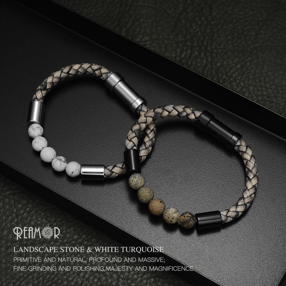 2019 Men Black Braided Leather Bracelets Natural Stone Bracelet