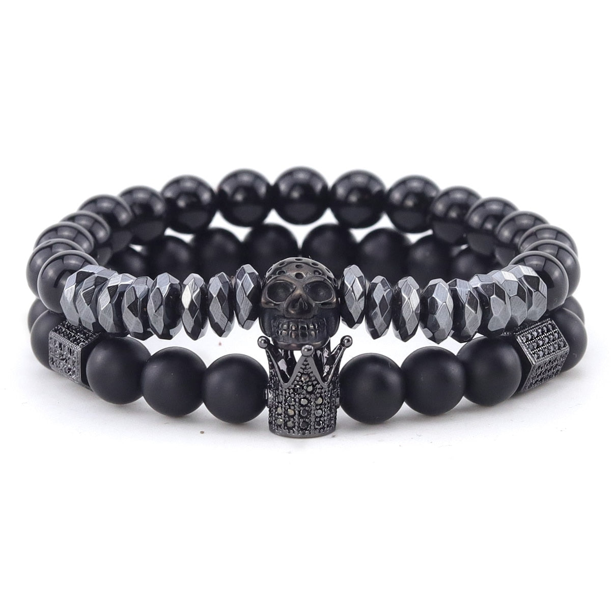 2pcs/Set Natural stone beads Bracelet Luxury CZ Crown Stainless Steel