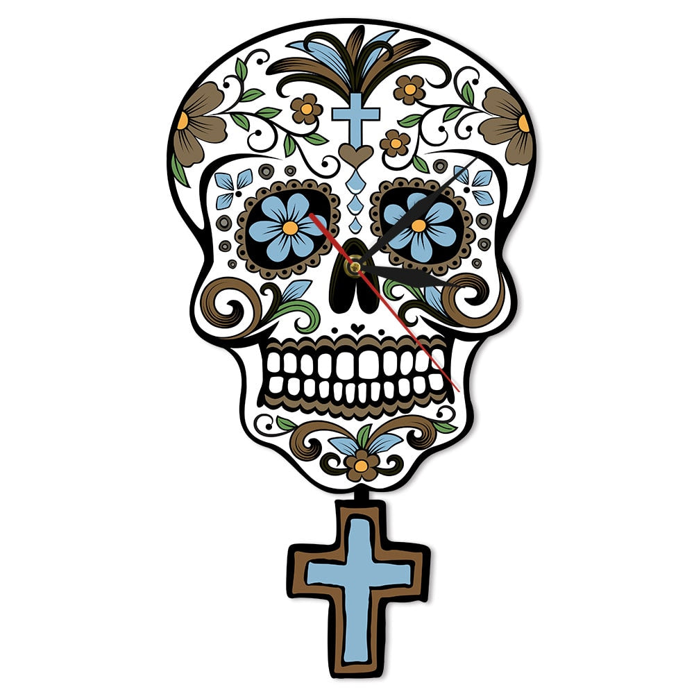 Mexican Day of the Dead Floral Sugar Skull Pendulum Wall Clock