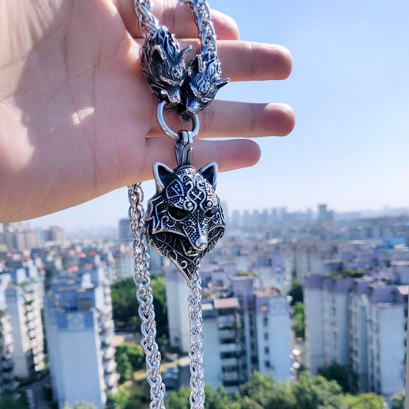 Men stainless steel necklace viking wolf head with Odin