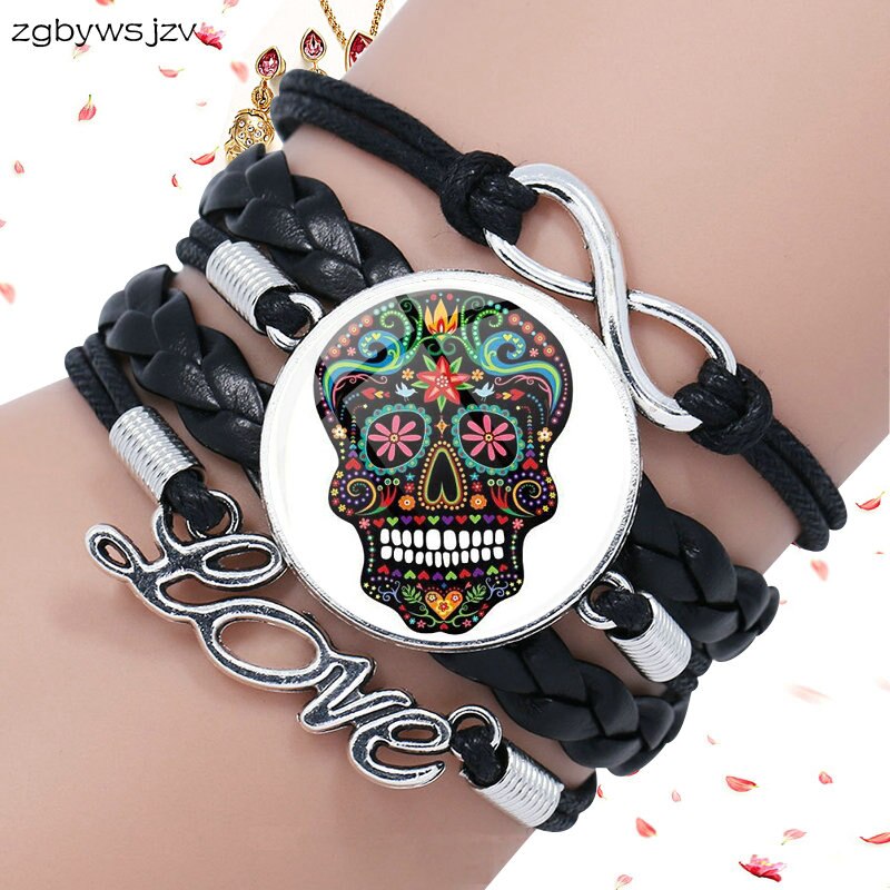 Mexico Sugar Skull Jewelry Glass Cabochon Black Leather Bracelet