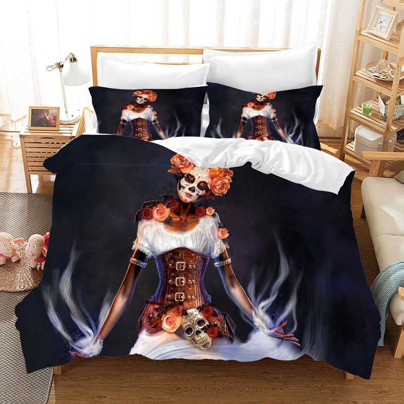sugar skull Cartoon Bedding Set Duvet Covers Pillowcases beauty skull bed