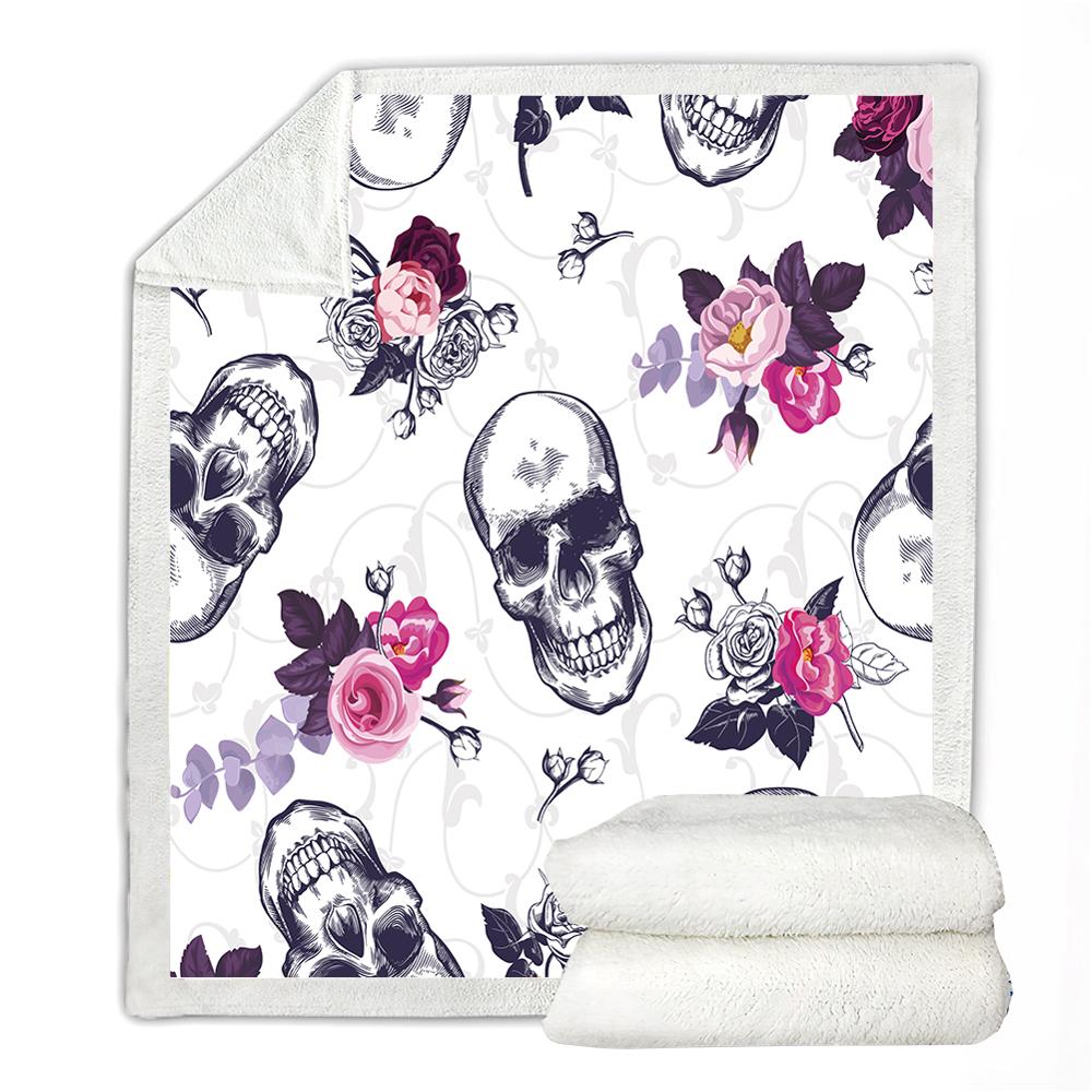 Skull Blanket Floral Skull Throw Blanket Black White Background Sherpa Fleece Blanket