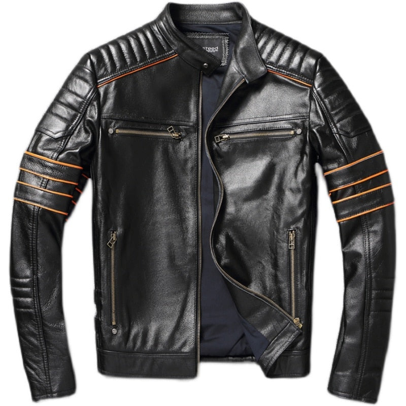 New Skull Embroidery Men's First Layer Cowhide Leather Jacket Motorcycle Slim Oversize Coat