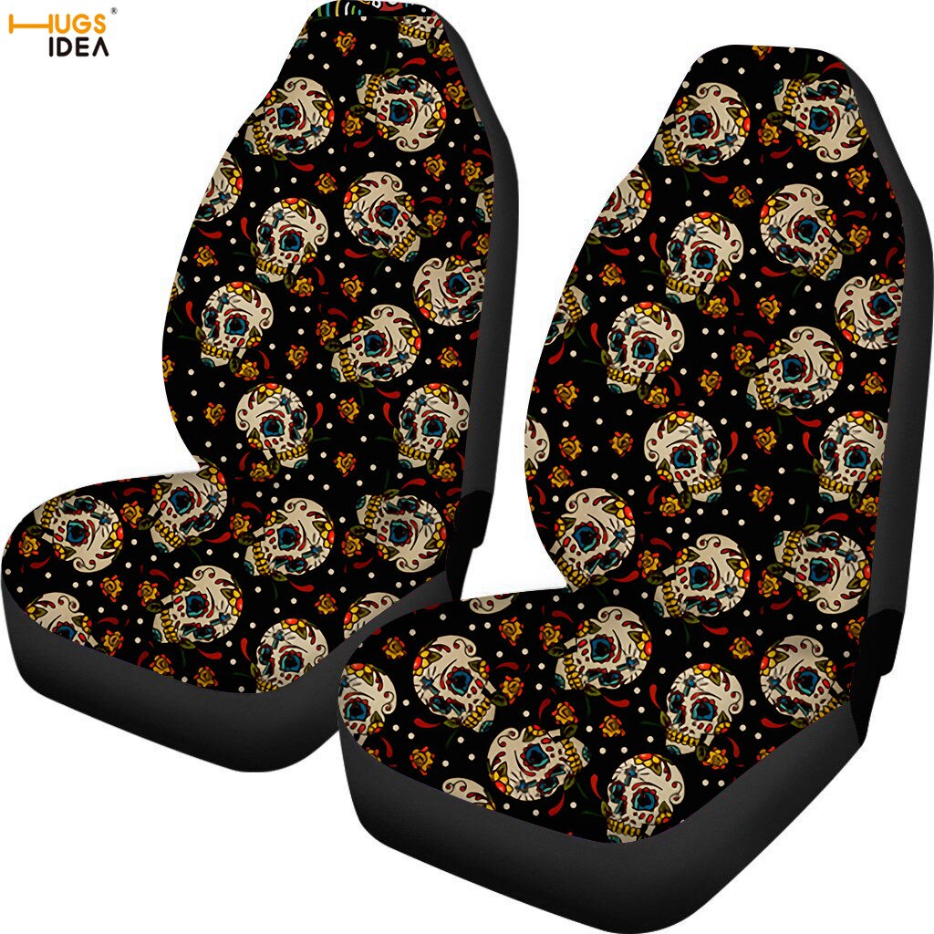 2Pcs Sugar Skull Car Seat Cover SUV Interior Decoration Sheet Cushion Protector Anti Dirty