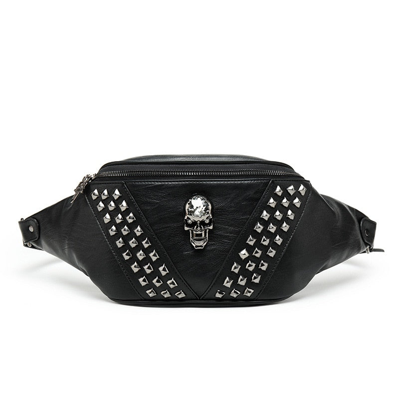 Skeleton gothic skull Punk Rivet Skull Men Waist Bag Women Black Fanny Pack Leather Chest Bags Female Shoulder Messenger Bag Bum Bags
