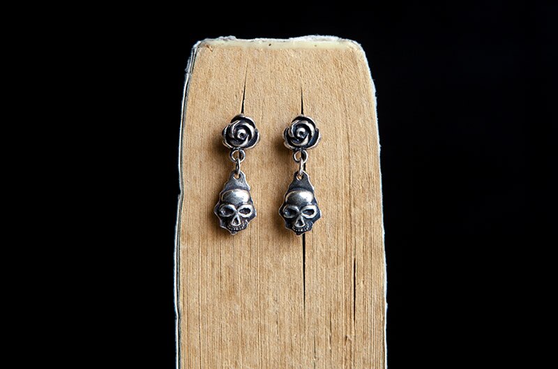 1573 925 Sterling Silver Rose Death Skull Drop Earrings Skeleton Jewelry