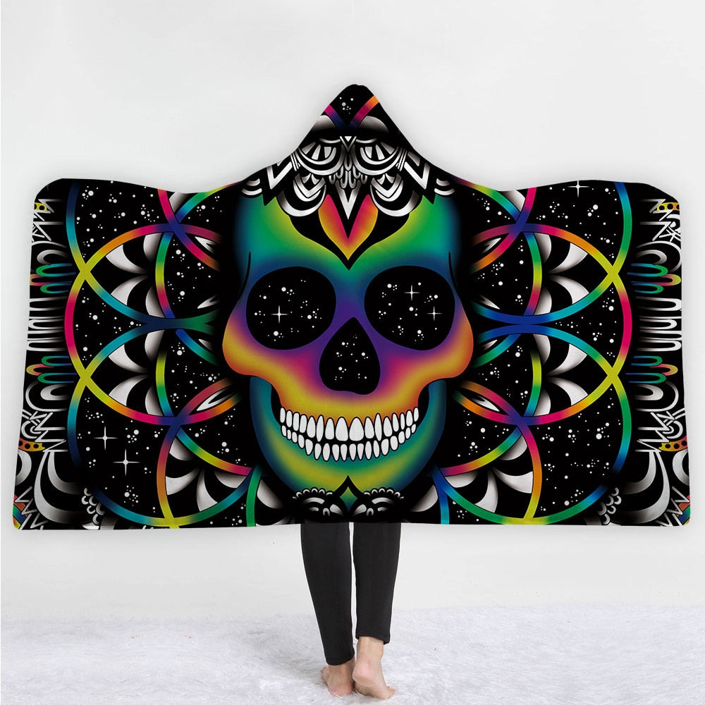 Fashion Sugar Skull Flower Hooded Blanket for Adults Floral Gothic