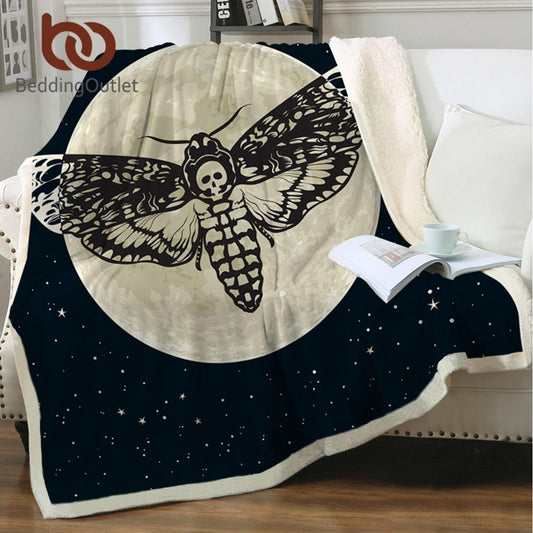 Moth Sherpa Throw Blanket Gothic Skull Astrology Bedspreads Butterfly