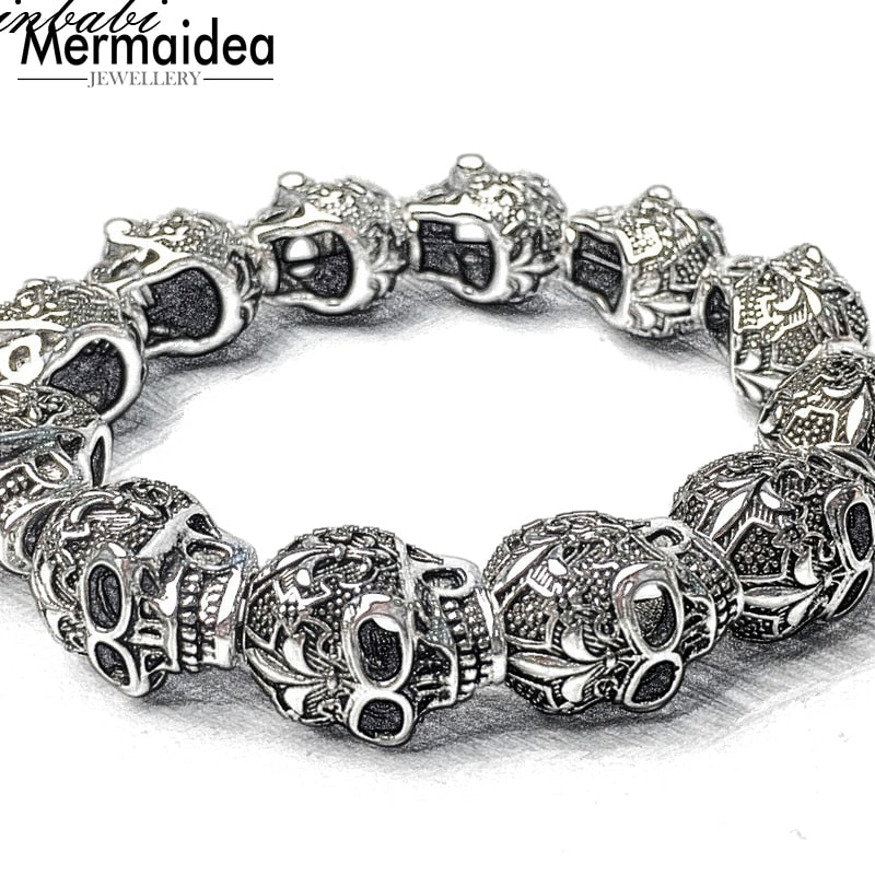 silver plated Fleur-de-lis Lily Skull Punk Bead Elastic Heart Bracelet