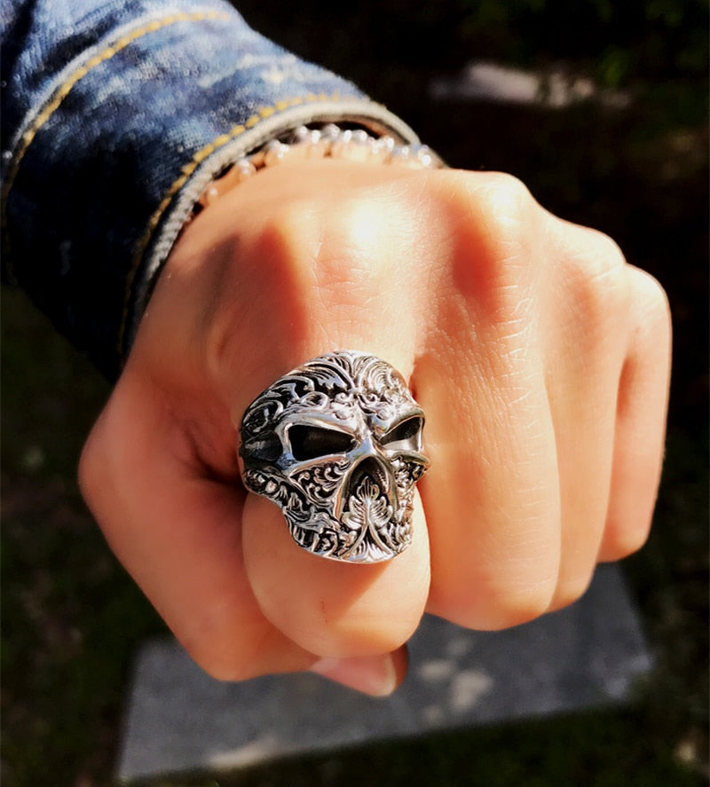 100% Real 925 Sterling Silver Sugar Skull Ring Men Adjustable Handmade Rings For Male Punk Rock Gothic Jewelry