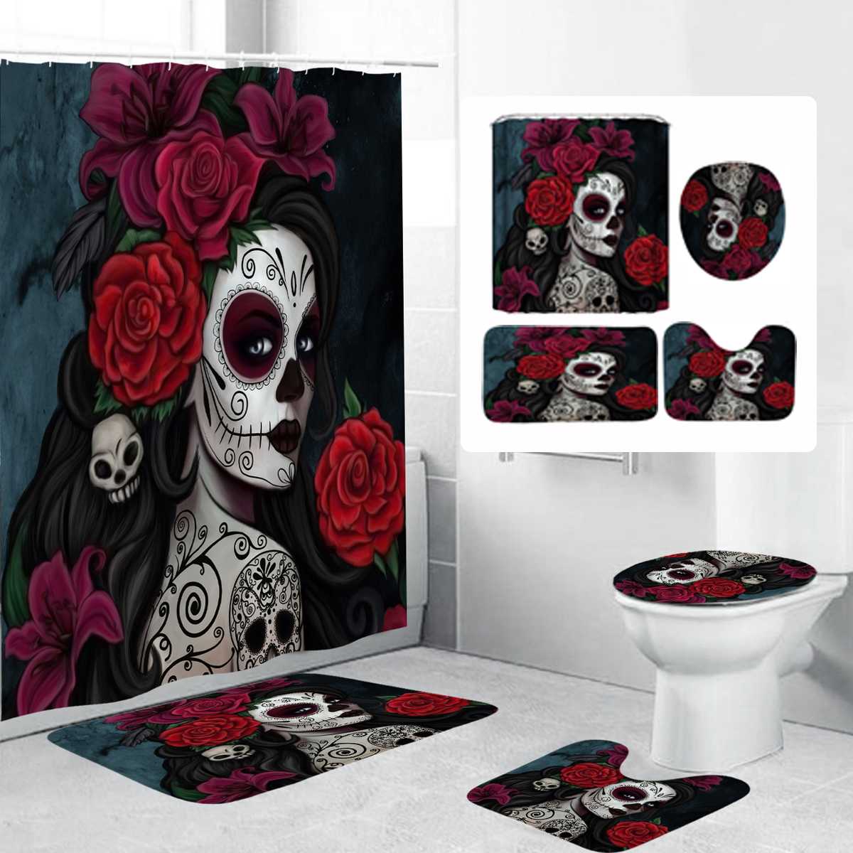 Shower Curtain Creatives Pattern Bathroom Set Bath Mat Set Pedestal Rug Lid Toilet Cover