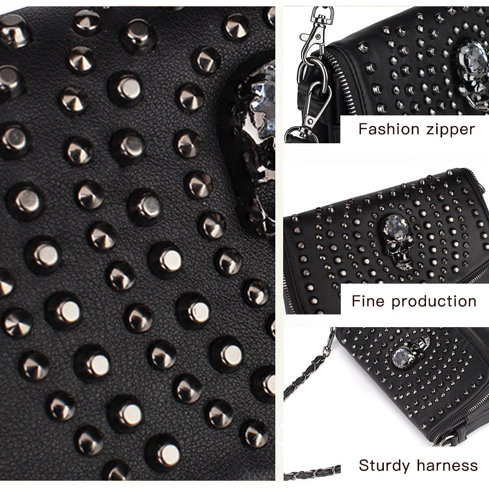 Gothic skull Designer Women Shoulder Bag Black Medium Size Crossbody Bag Punk Stud Skull Handbag Purse with Chain Zipper Female Bag
