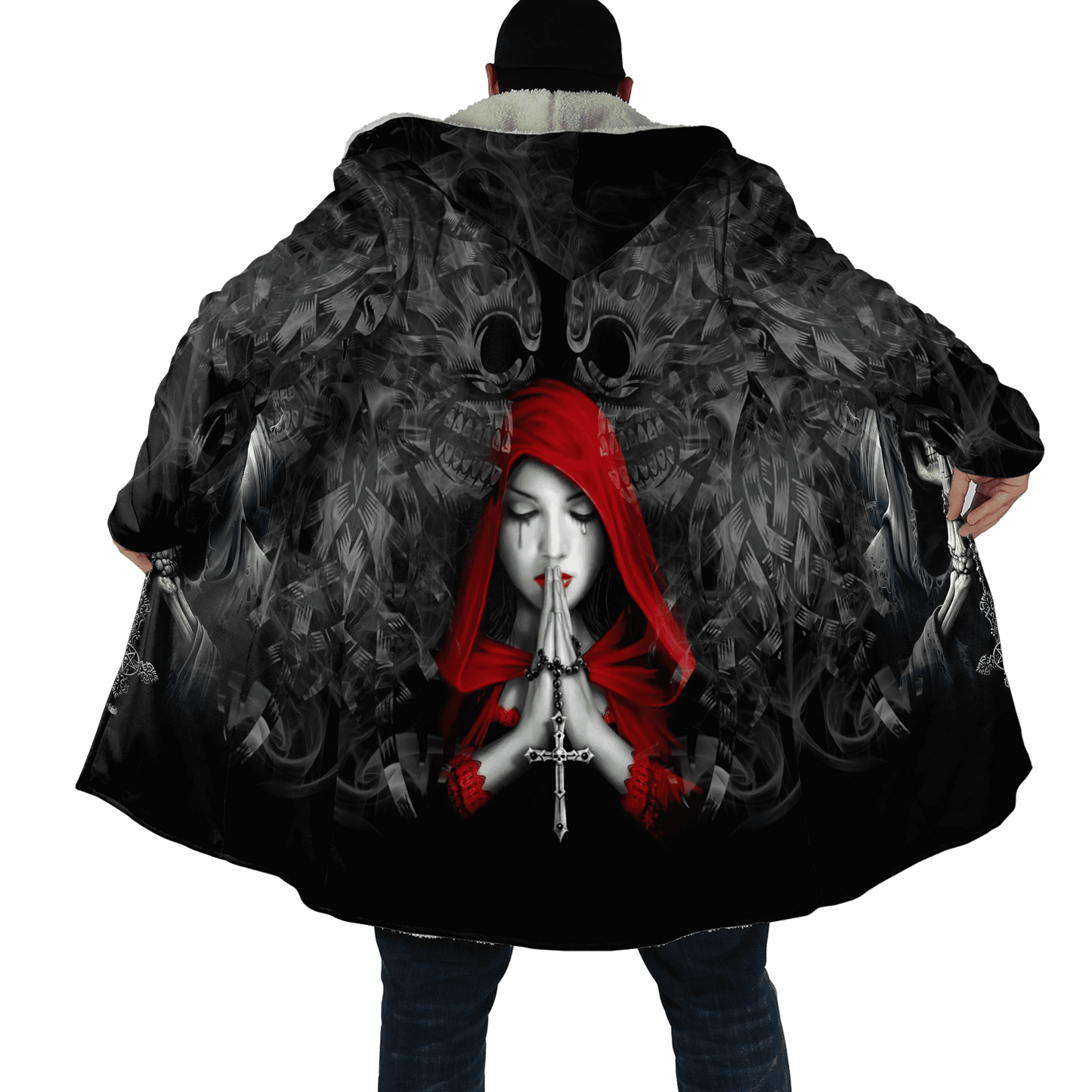 Winter Mens Cloak Gothic Reaper Skull Tattoo Fleece Hooded Cloak Coat Unisex Casual Thick Warm Cape coat, Halloween cloak coat