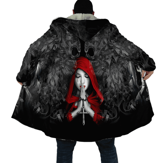 Winter Mens Cloak Gothic Reaper Skull Tattoo Fleece Hooded Cloak Coat Unisex Casual Thick Warm Cape coat, Halloween cloak coat