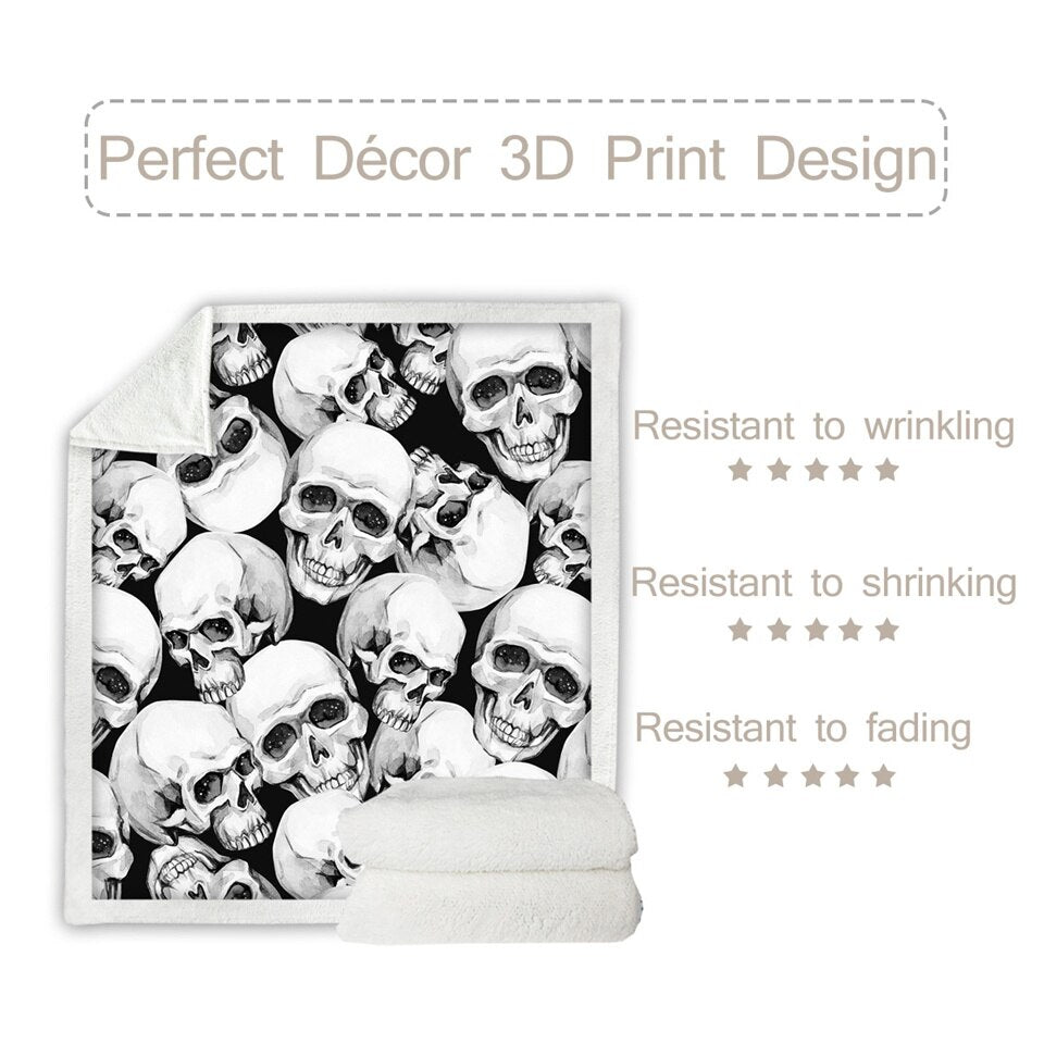 Skull Plush Blanket Watercolor Sherpa Blanket Gothic Bedding Black White