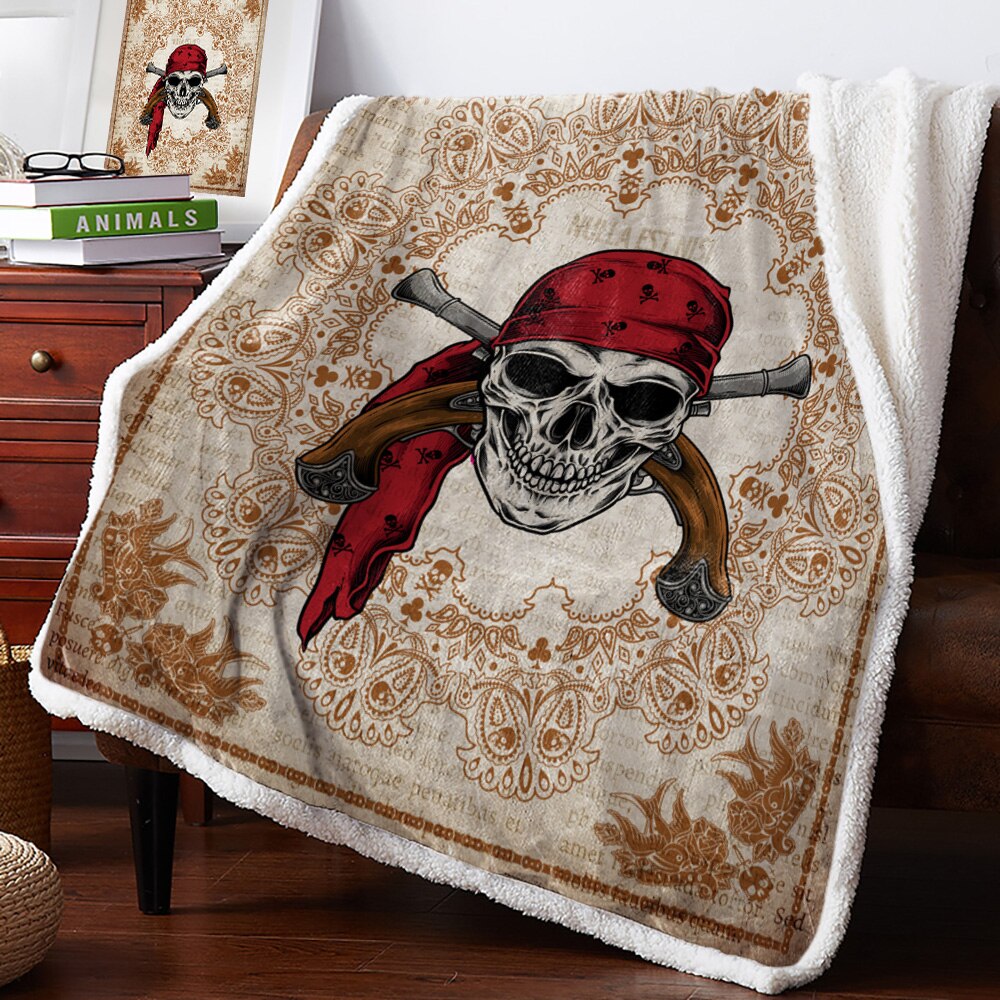Sword Pirate Skull White Black Blanket Floral Fleece Blanket