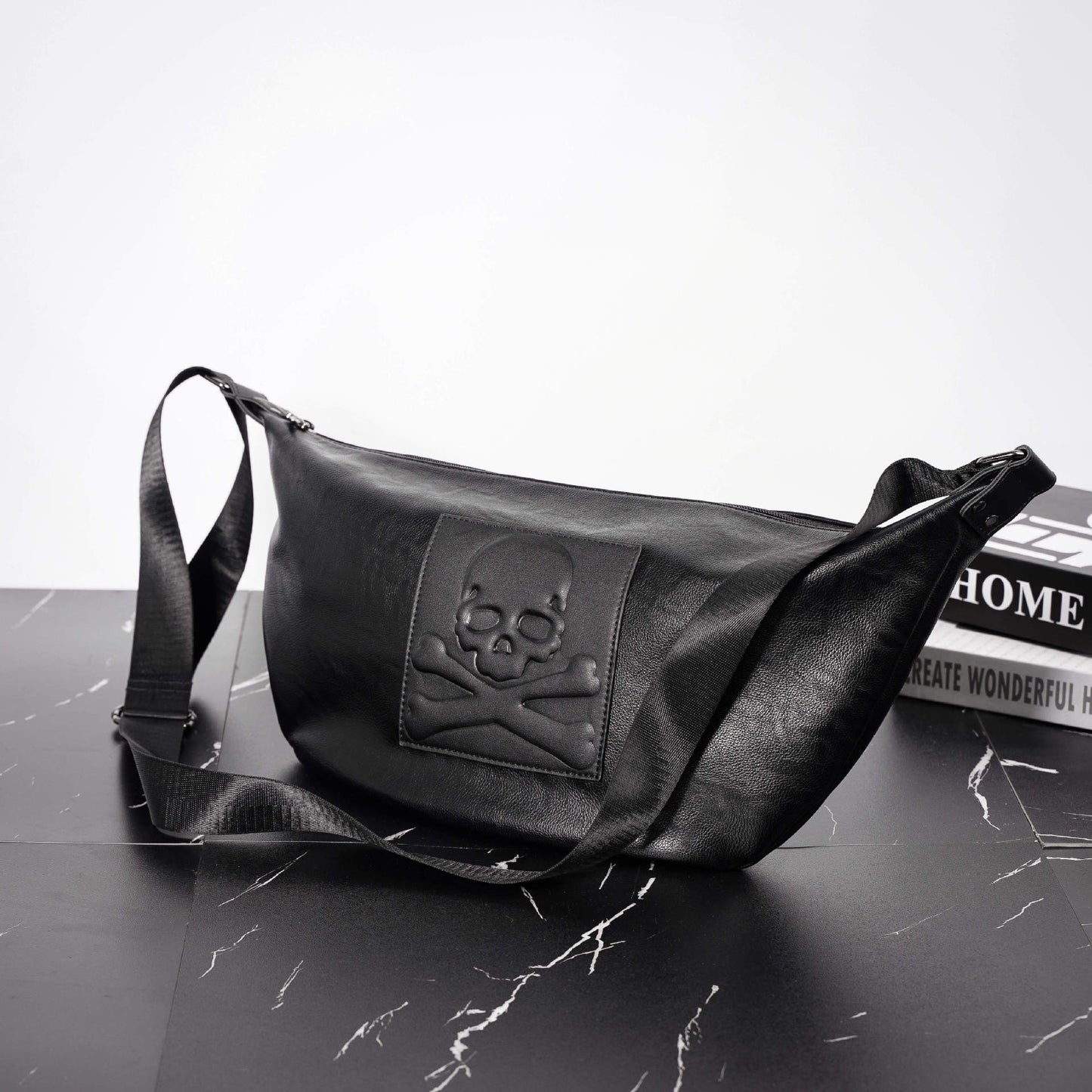Chest Bag For Men Skull Black Leather Belt Bag