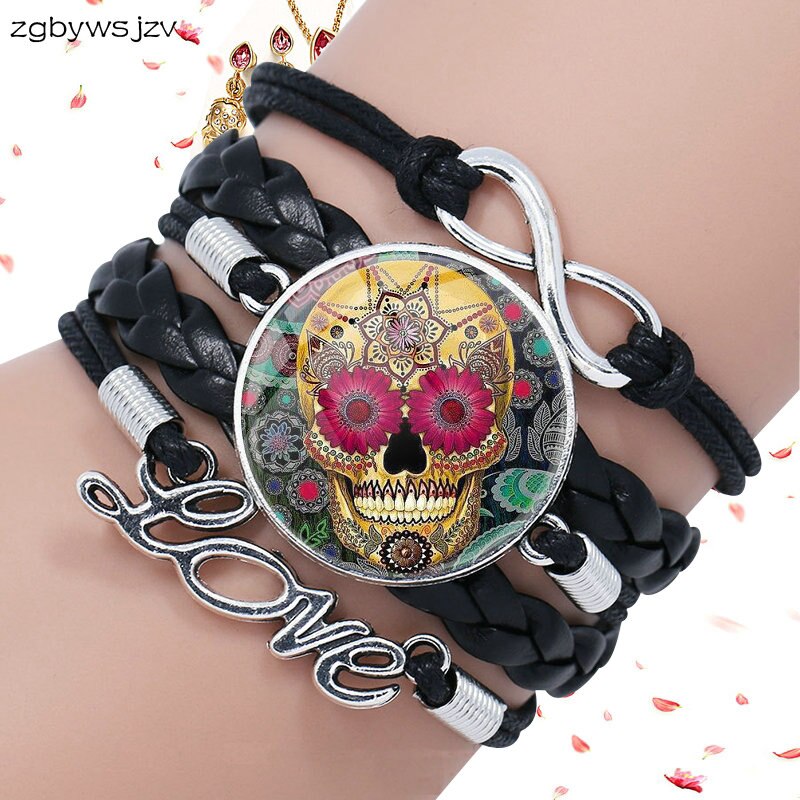 Mexico Sugar Skull Jewelry Glass Cabochon Black Leather Bracelet