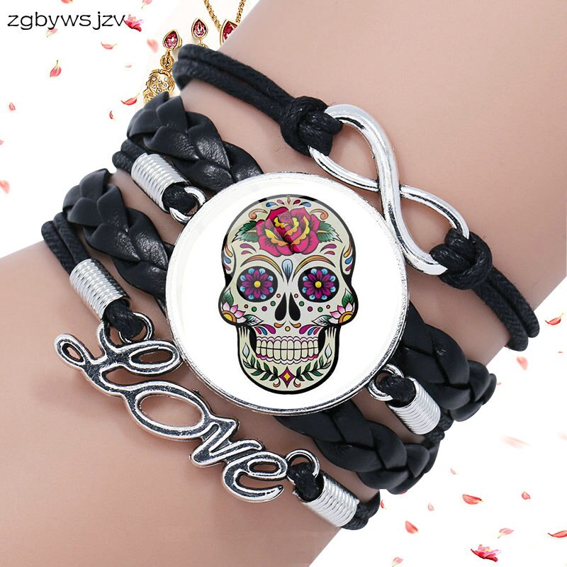 Mexico Sugar Skull Jewelry Glass Cabochon Black Leather Bracelet