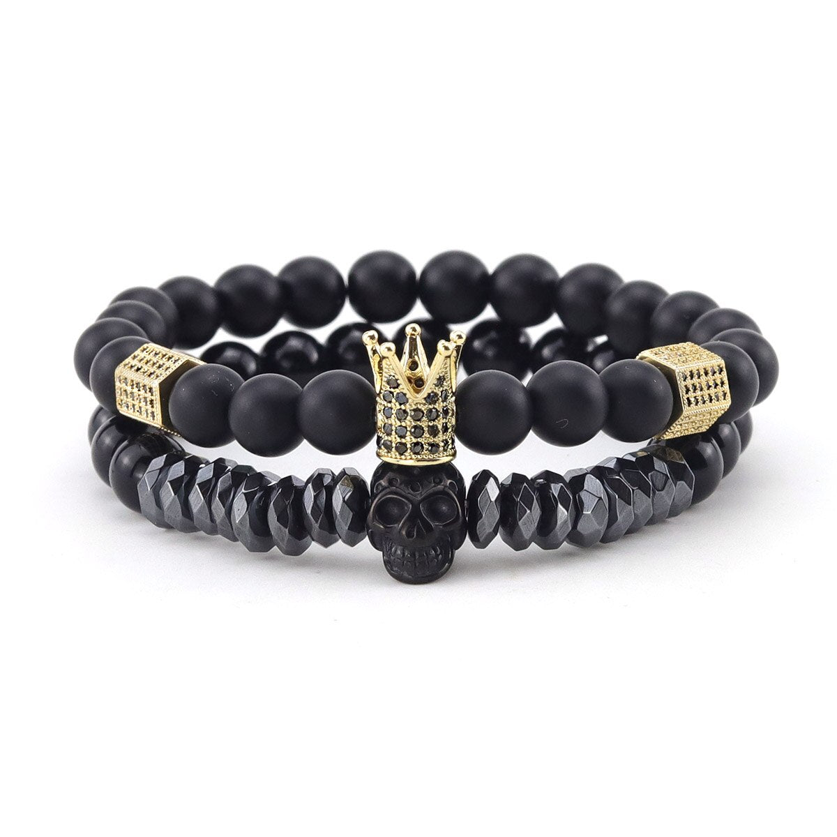 2pcs/Set Natural stone beads Bracelet Luxury CZ Crown Stainless Steel