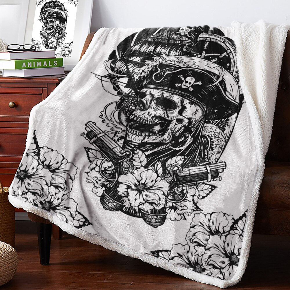 Sword Pirate Skull White Black Blanket Floral Fleece Blanket