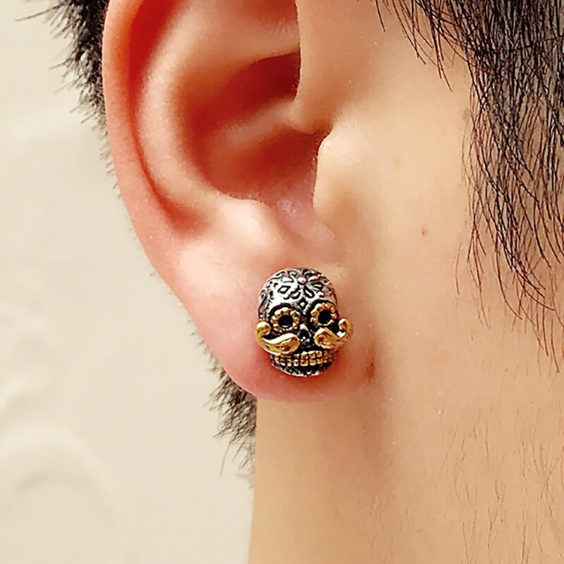 100% Real 925 Sterling Silver Skull & Long Beard Stud Earrings