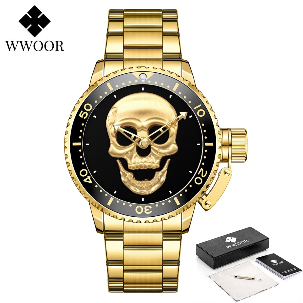 Skull skeleton Luxury Brand Gold Black Skull Men Watches with Stainless Steel Sports Waterproof Quartz Clocks Male Creative Wristwatches