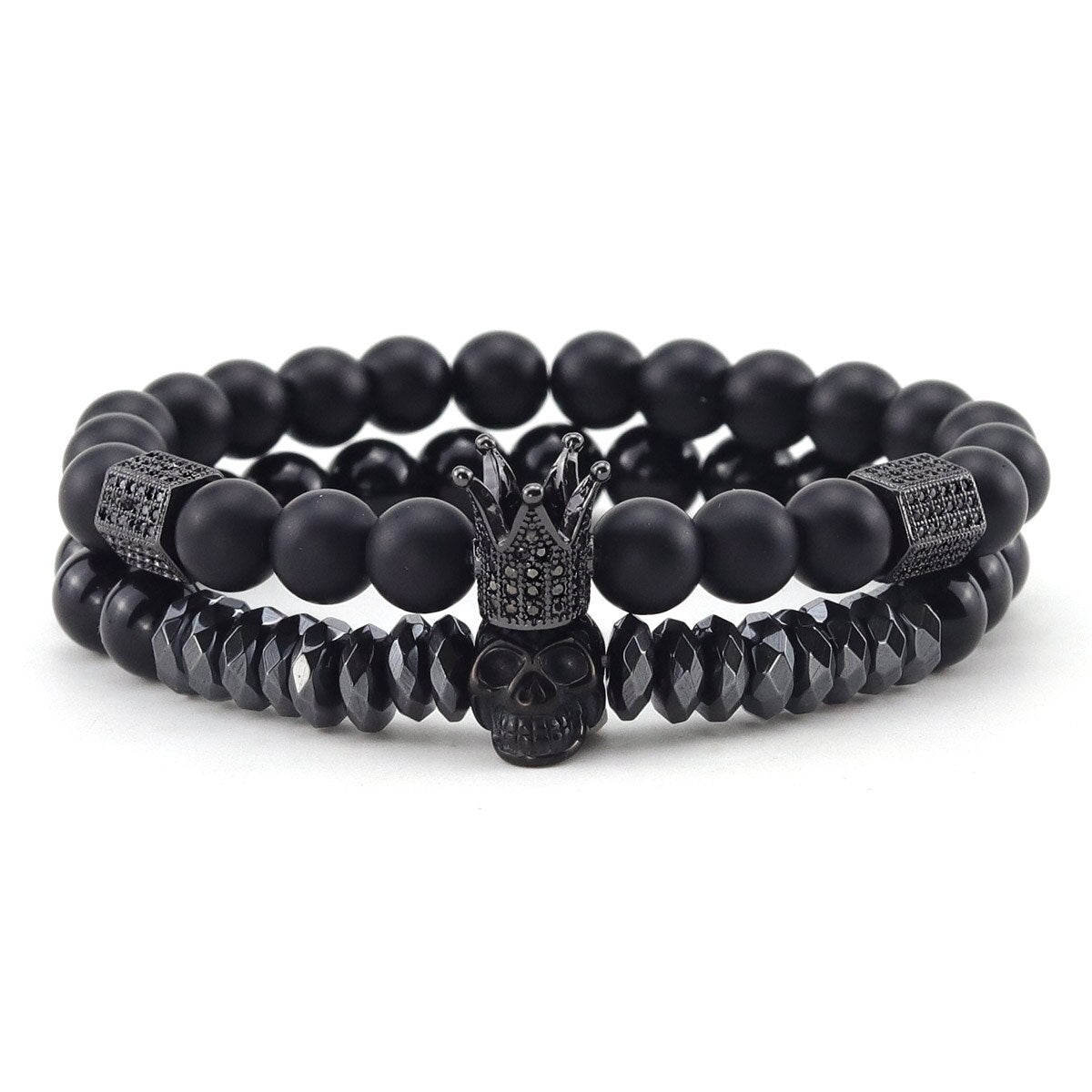 2pcs/Set Natural stone beads Bracelet Luxury CZ Crown Stainless Steel