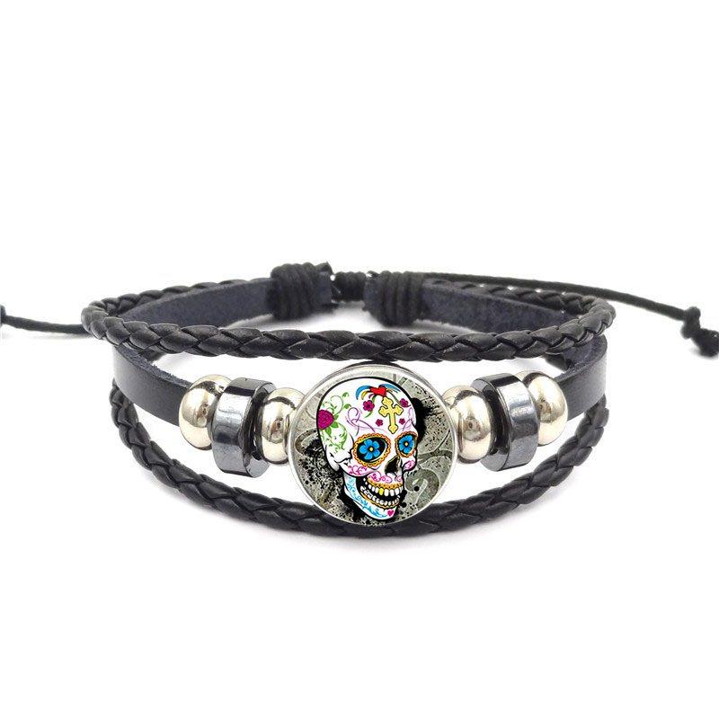 Sugar Skull Fashion Jewelry Cabochon Glass Black Leather Bracelet