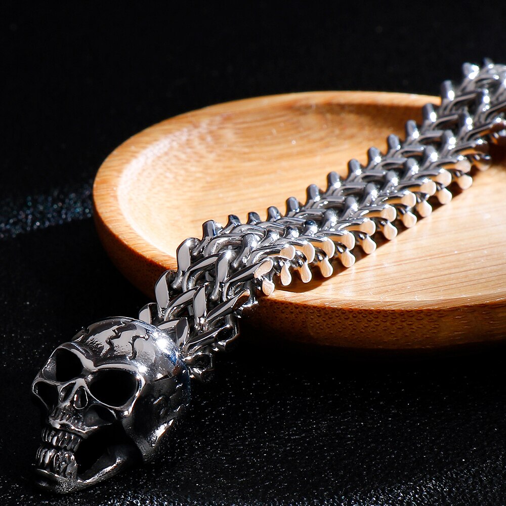 Gothic Double Skull Bracelet For Men 316L Stainless Steel Heavy