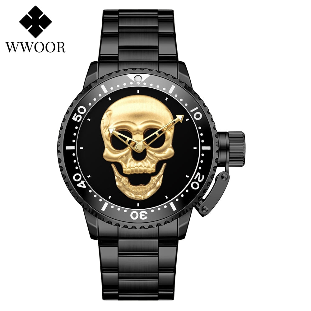 Skull skeleton Luxury Brand Gold Black Skull Men Watches with Stainless Steel Sports Waterproof Quartz Clocks Male Creative Wristwatches