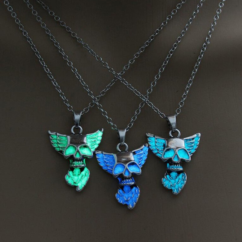Heart Wing Punk Luminous Skull Pendant Necklace GLOW in the DARK Skull
