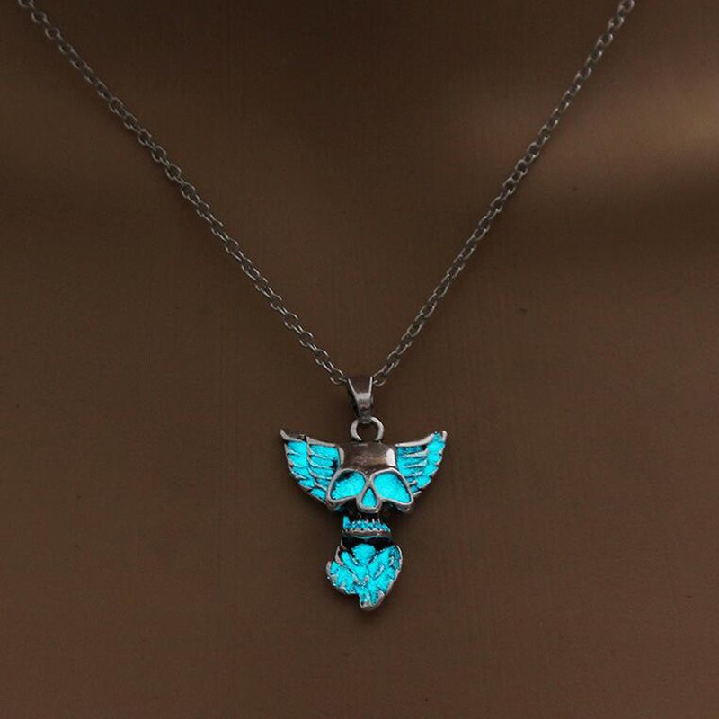 Heart Wing Punk Luminous Skull Pendant Necklace GLOW in the DARK Skull