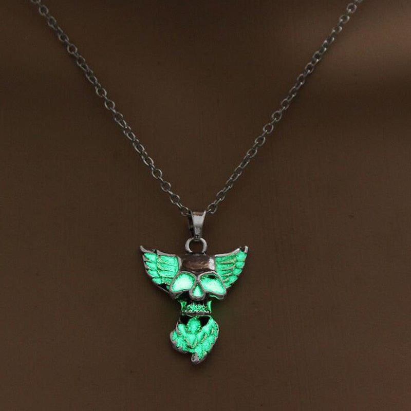 Heart Wing Punk Luminous Skull Pendant Necklace GLOW in the DARK Skull